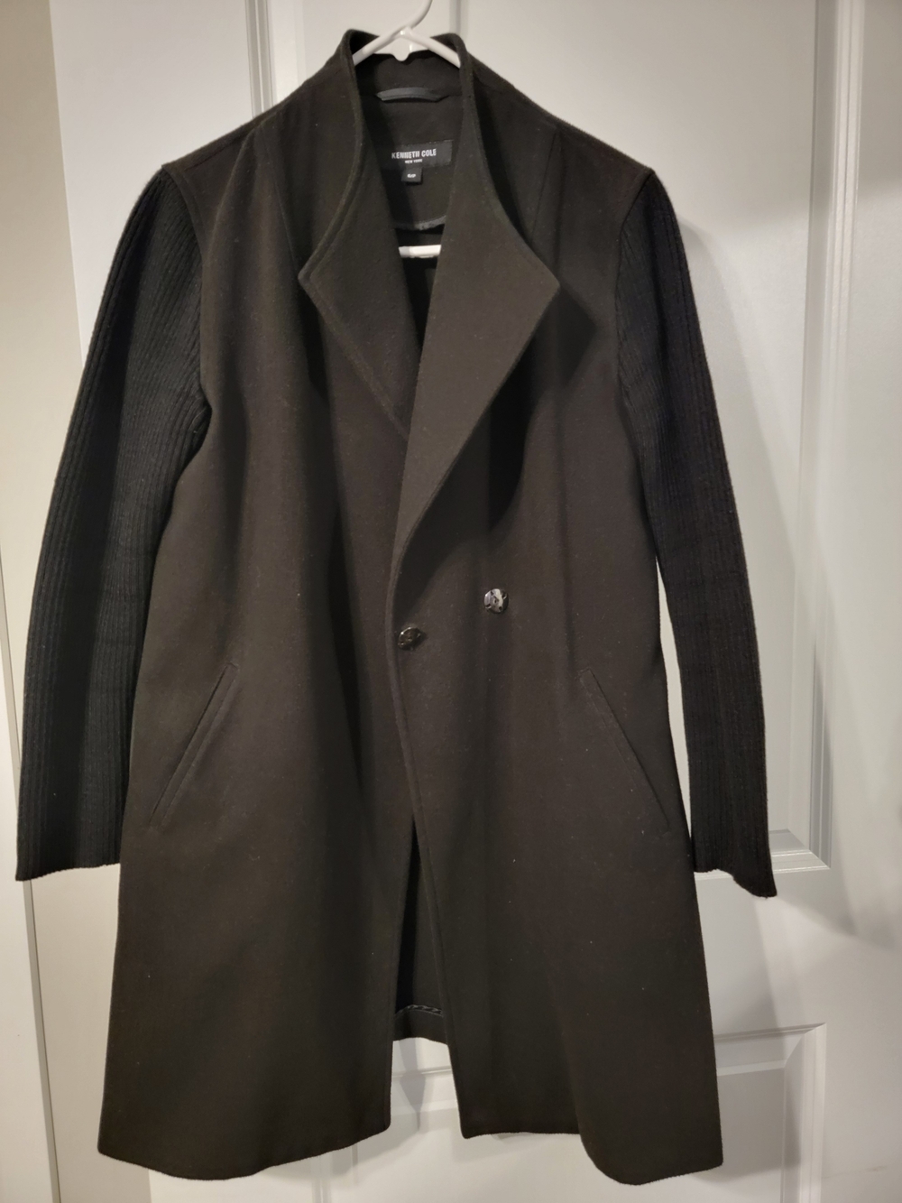 Kenneth Cole Black Wool-Blend Pea Coat with Ribbed Sleeves